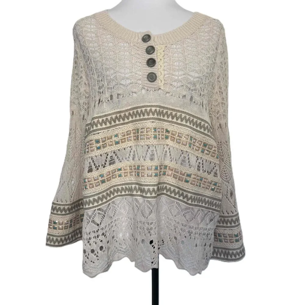 POL Sweater Crocheted Cream‎ Multicolor Embroidered Accents Pullover Size Medium
